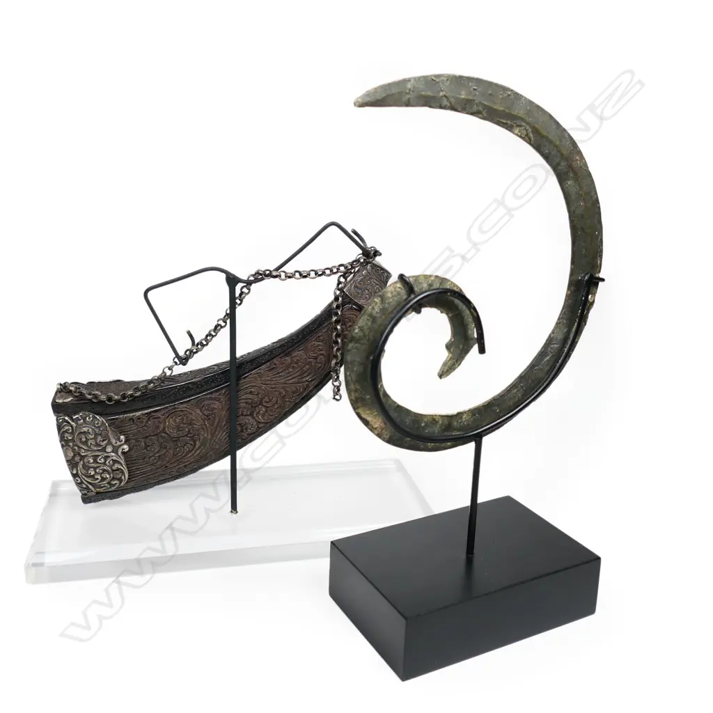 An old Indonesian carved horn container and old bronze tribal scroll section, Image 1++